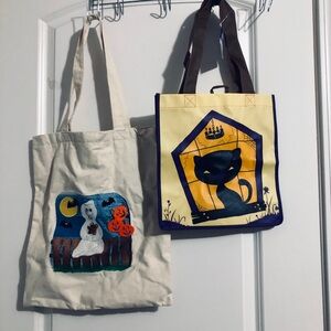 Halloween Cat & Ghost Canvas Tote Bag Set - Yellow & Cream